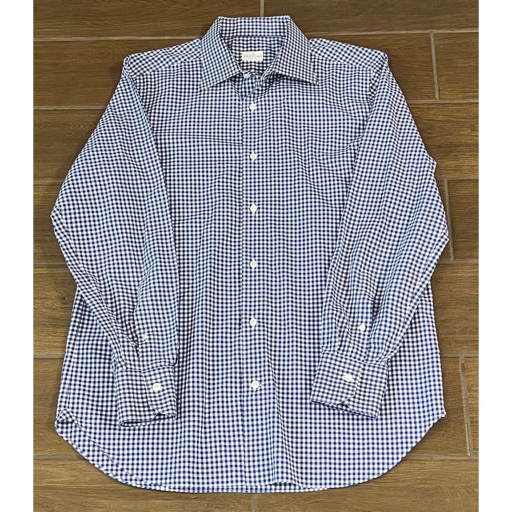 Sannino Napoli Mens Blue White Gingham Check Cotton Button Down Shirt 16.5